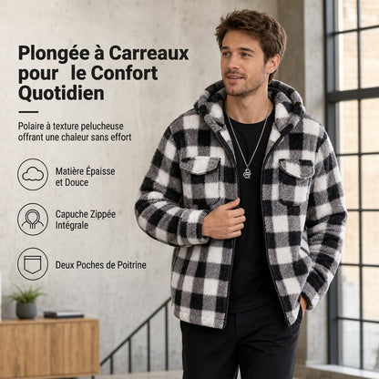 Manteau à capuche zippé en peluche à carreaux pour hommes avec deux poches poitrine à rabat