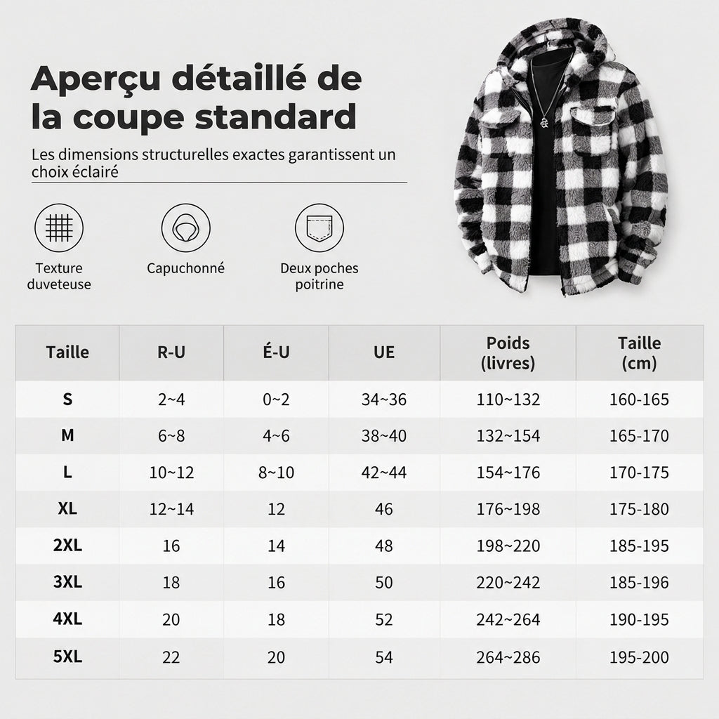 Manteau à capuche zippé en peluche à carreaux pour hommes avec deux poches poitrine à rabat