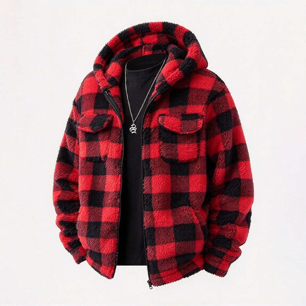 Manteau à capuche zippé en peluche à carreaux pour hommes avec deux poches poitrine à rabat