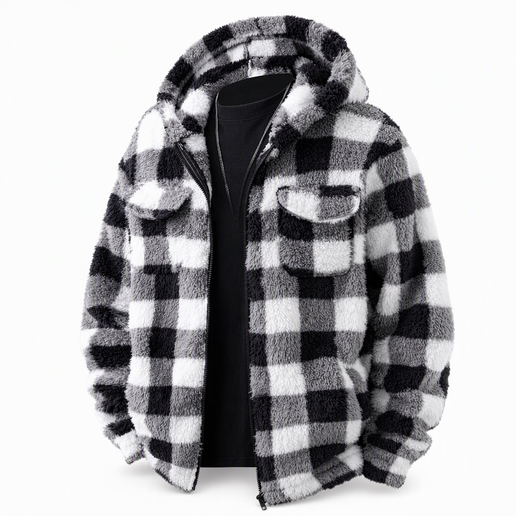Manteau à capuche zippé en peluche à carreaux pour hommes avec deux poches poitrine à rabat