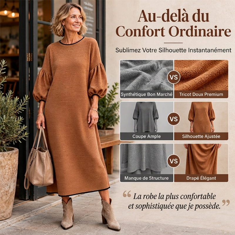 🌸Promotion exceptionnelle : 50 % de réduction💖Robe mi-longue pour femme en maille texturée à manches bouffantes