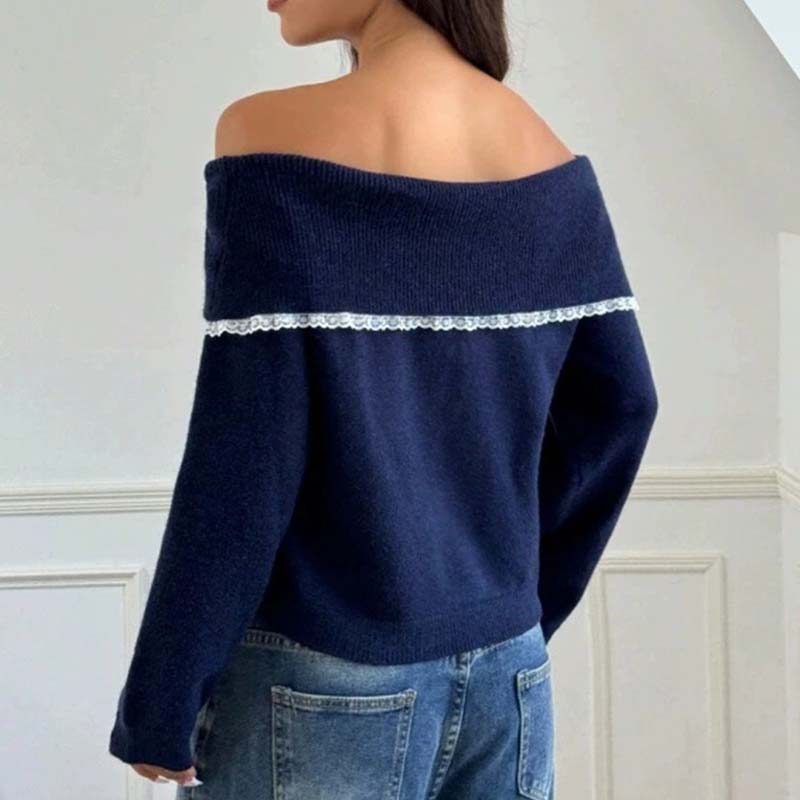 👜 -50 % sur toute la mode femme ! ✨Pull femme à épaules dénudées et bordures en dentelle