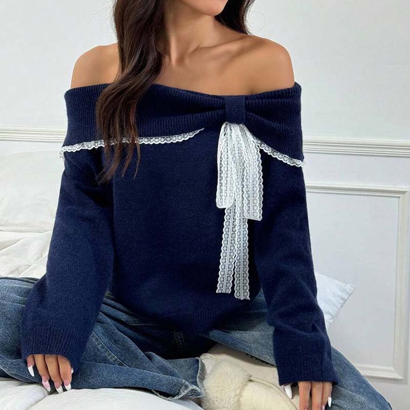 👜 -50 % sur toute la mode femme ! ✨Pull femme à épaules dénudées et bordures en dentelle
