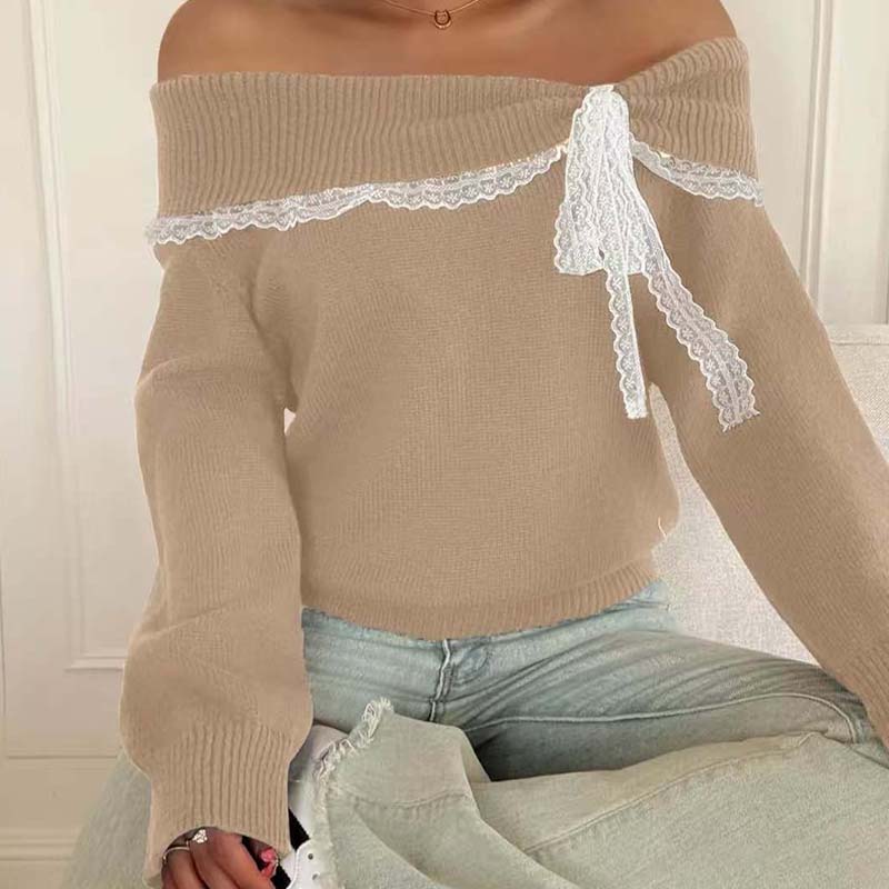 👜 -50 % sur toute la mode femme ! ✨Pull femme à épaules dénudées et bordures en dentelle
