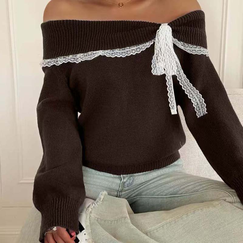 👜 -50 % sur toute la mode femme ! ✨Pull femme à épaules dénudées et bordures en dentelle
