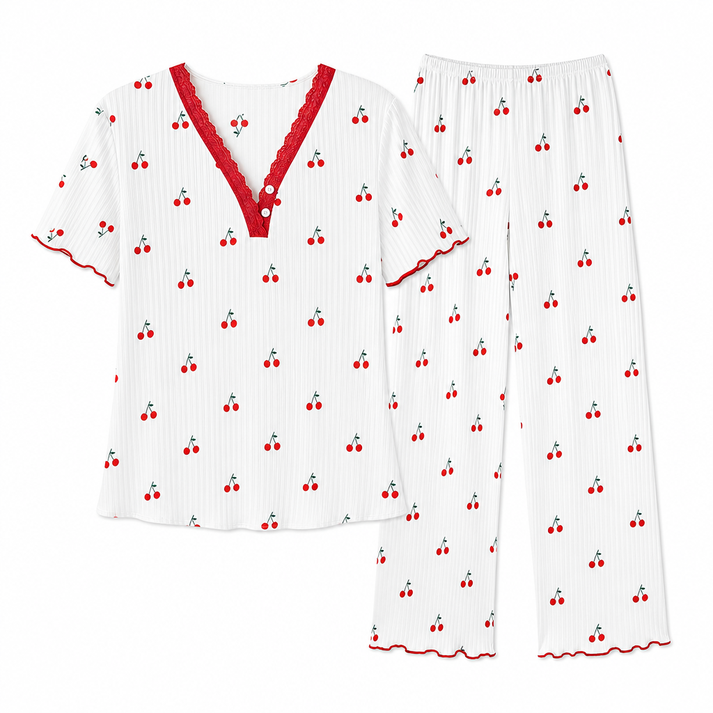 Ensemble de pyjama imprimé pour femme, haut à manches courtes et pantalon long, vêtement de détente confortable et élastique