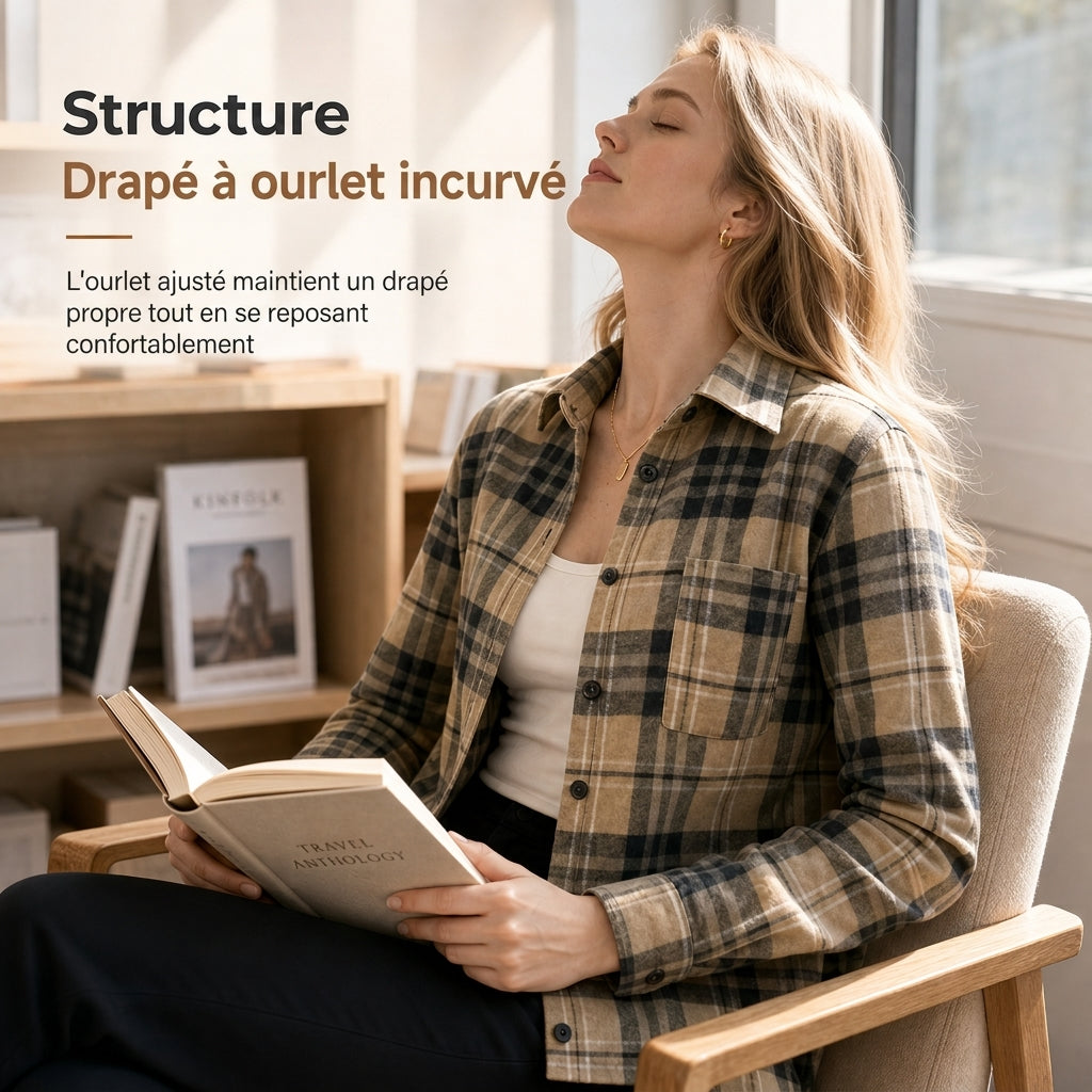 Chemise décontractée à carreaux pour femmes, à manches longues et boutonnée, avec poche poitrine