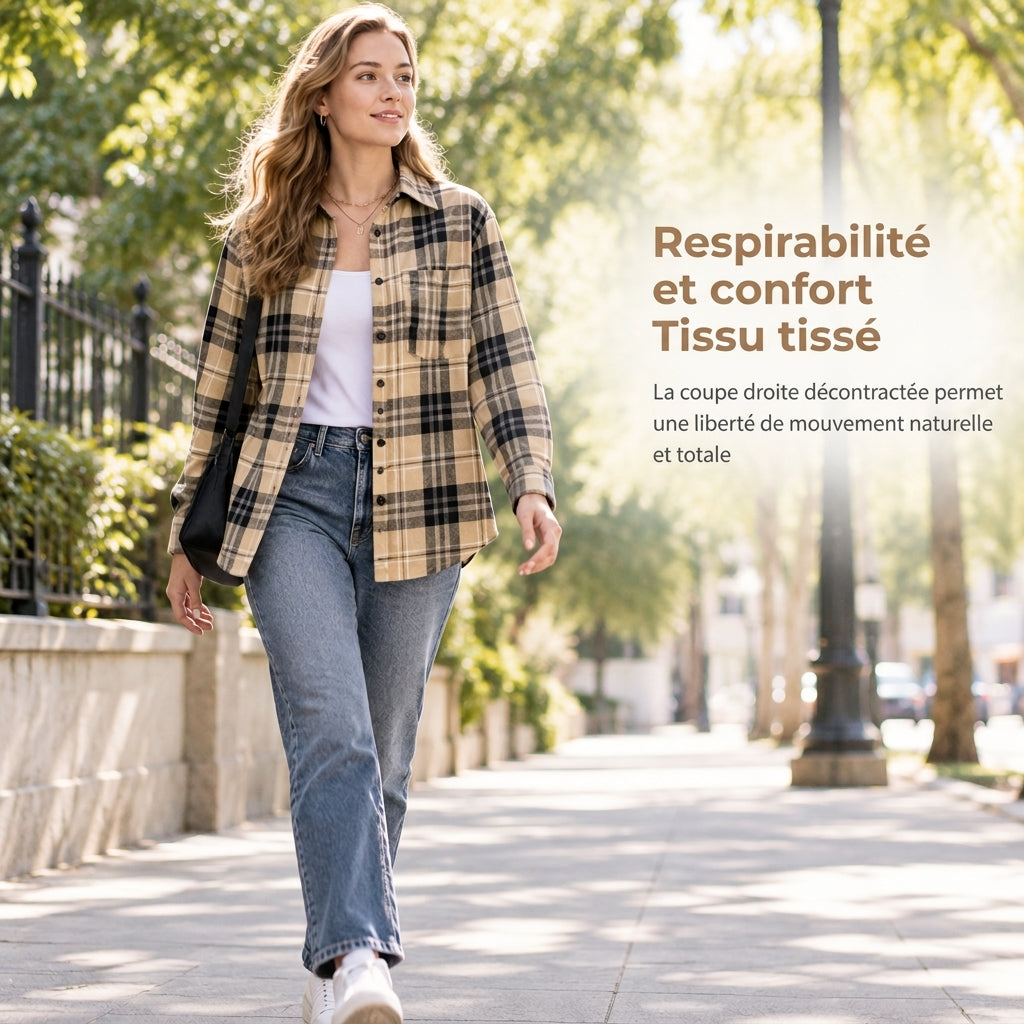 Chemise décontractée à carreaux pour femmes, à manches longues et boutonnée, avec poche poitrine