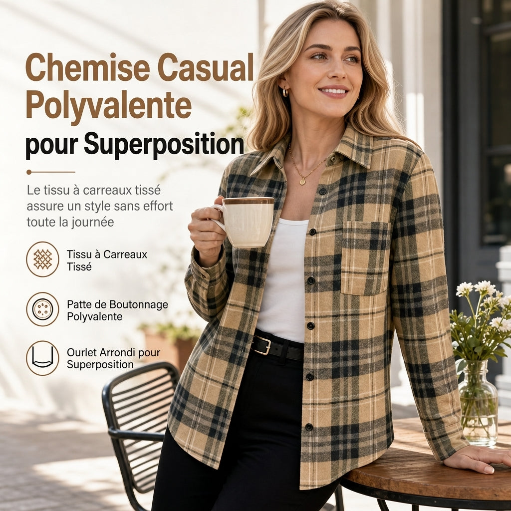 Chemise décontractée à carreaux pour femmes, à manches longues et boutonnée, avec poche poitrine
