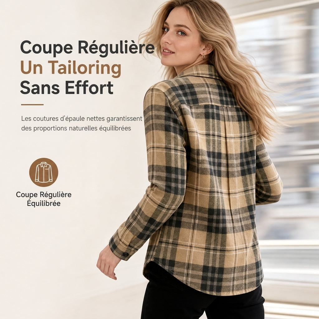 Chemise décontractée à carreaux pour femmes, à manches longues et boutonnée, avec poche poitrine