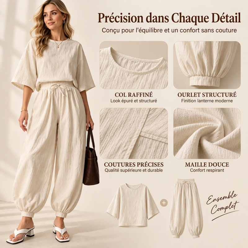 Ensemble haut texturé à manches chauve-souris et pantalon lanterne pour femme