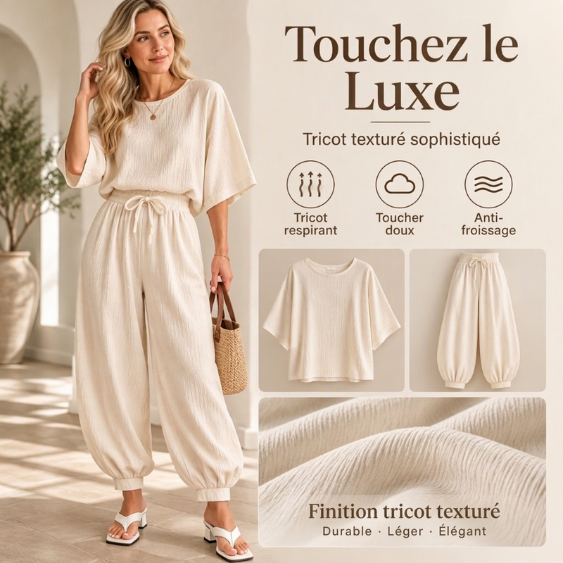 Ensemble haut texturé à manches chauve-souris et pantalon lanterne pour femme