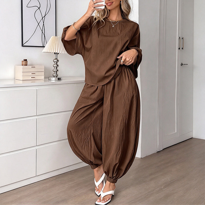 Ensemble haut texturé à manches chauve-souris et pantalon lanterne pour femme