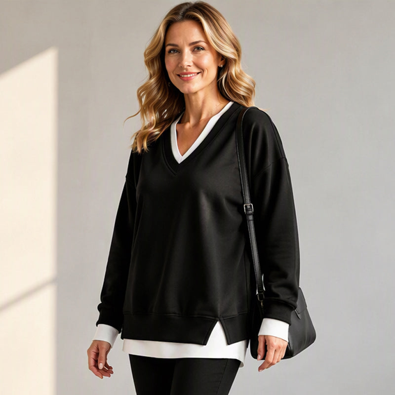 💖Soldes ! Prix cassés💖Sweat-shirt à col V et effet superposé pour femmes