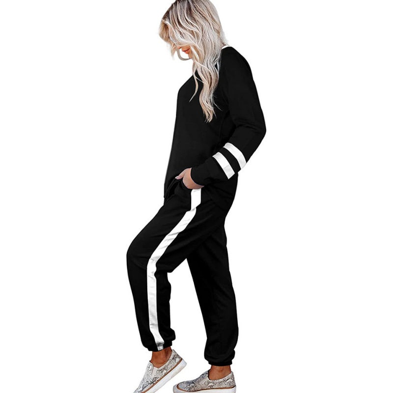 ✨ Ensemble Femme 2 Pièces Color Block – Sweat à Col Rond & Pantalon Décontracté