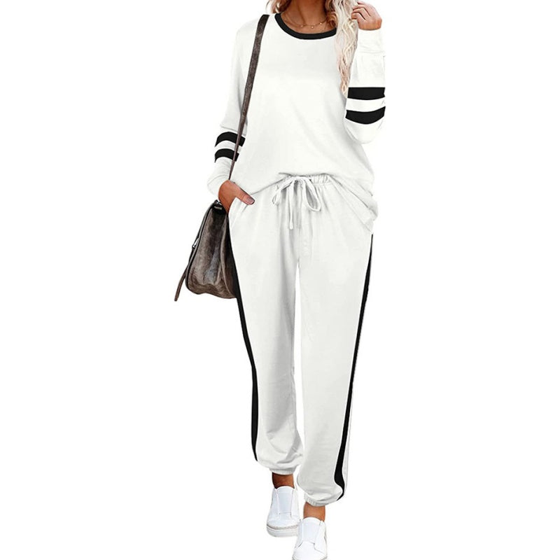 ✨ Ensemble Femme 2 Pièces Color Block – Sweat à Col Rond & Pantalon Décontracté