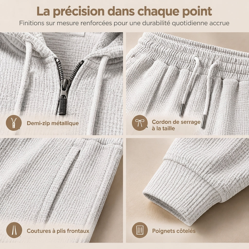 Ensemble de survêtement décontracté 2 pièces en maille gaufrée pour homme : sweat à capuche demi-zip et pantalon à jambe droite