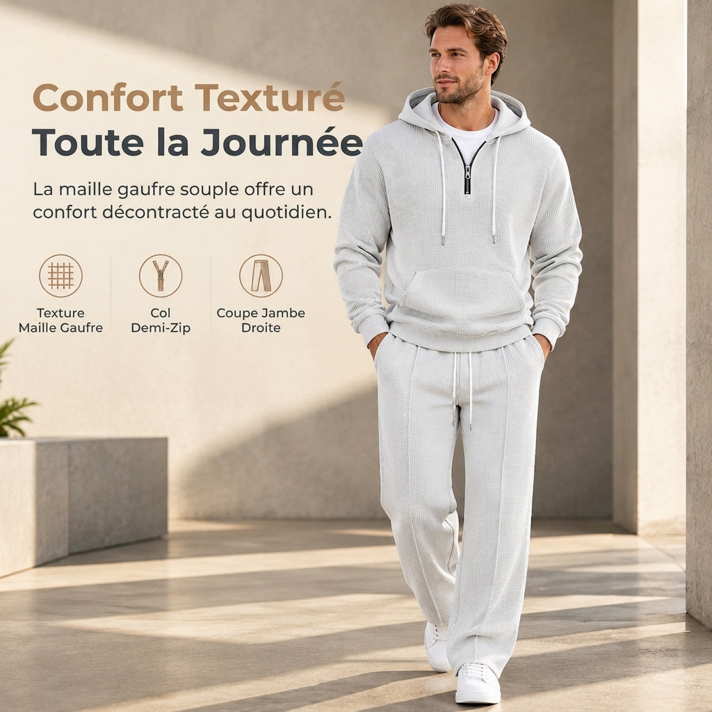Ensemble de survêtement décontracté 2 pièces en maille gaufrée pour homme : sweat à capuche demi-zip et pantalon à jambe droite
