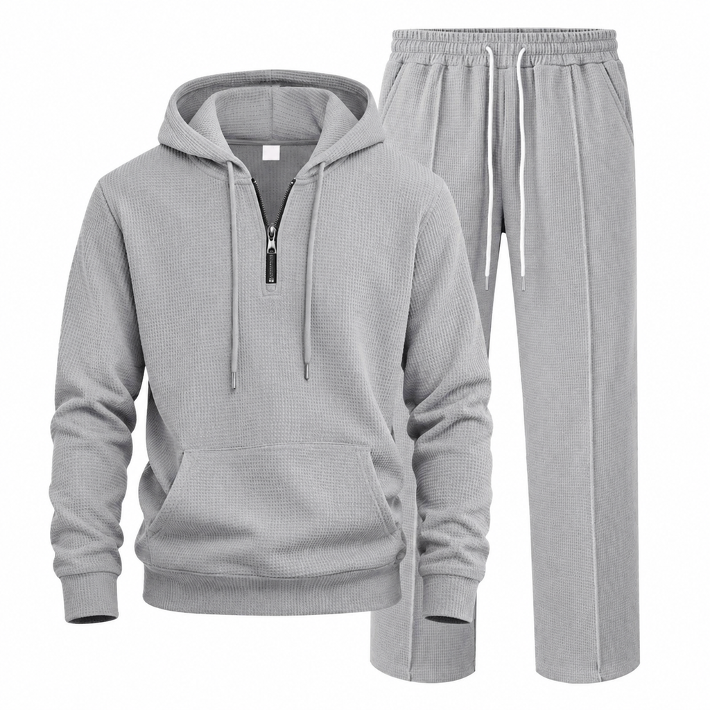 Ensemble de survêtement décontracté 2 pièces en maille gaufrée pour homme : sweat à capuche demi-zip et pantalon à jambe droite