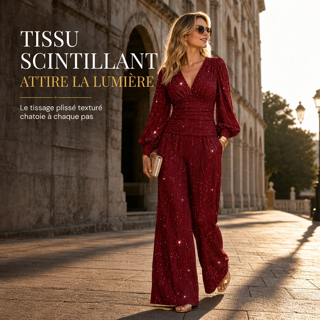 🍂Envie d’un ensemble 2 pièces femme pour l’automne-hiver ? Haut plissé col V, manches bouffantes et pantalon large à poches ✨🍂