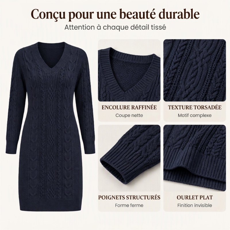 ✨ Envie d’une robe en maille torsadée à col V pour femme ? Style décontracté et facile à porter 🧶