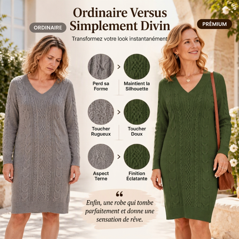 ✨ Envie d’une robe en maille torsadée à col V pour femme ? Style décontracté et facile à porter 🧶