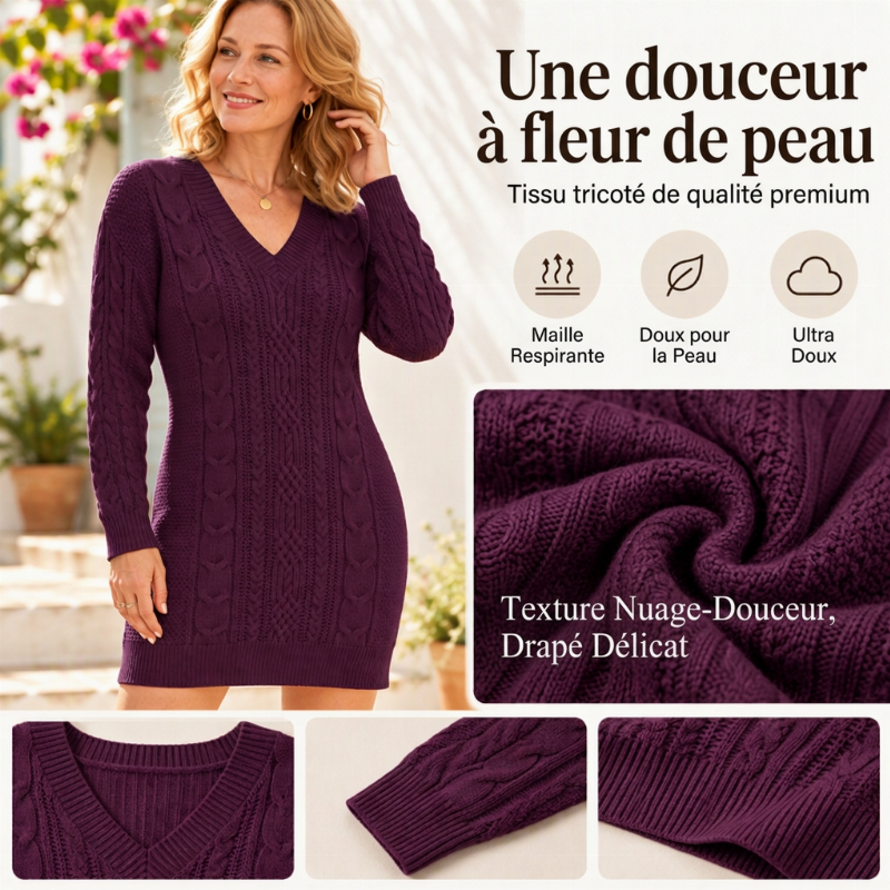 ✨ Envie d’une robe en maille torsadée à col V pour femme ? Style décontracté et facile à porter 🧶