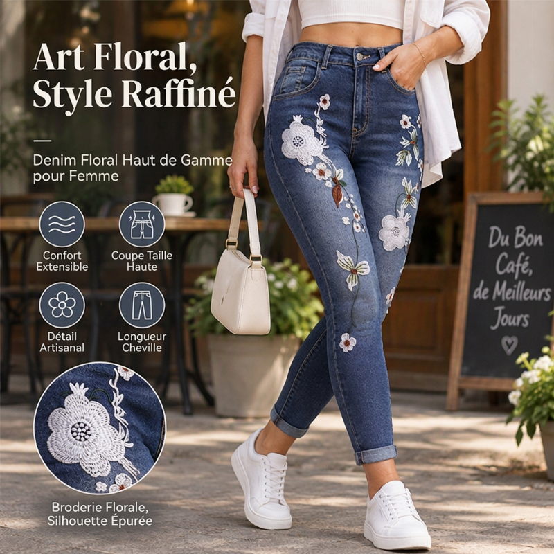 ✨ Ce jeans skinny pour femme, extensible et orné de broderies florales, mise sur une allure facile à porter 👖