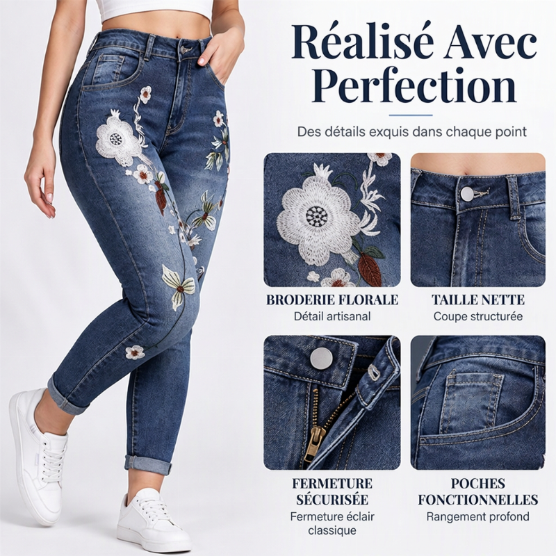 ✨ Ce jeans skinny pour femme, extensible et orné de broderies florales, mise sur une allure facile à porter 👖