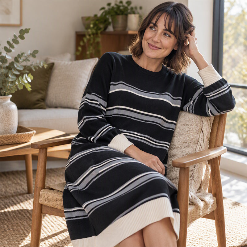✨ Robe pull femme en maille rayée à manches longues : facile à porter, esprit décontracté 🧶