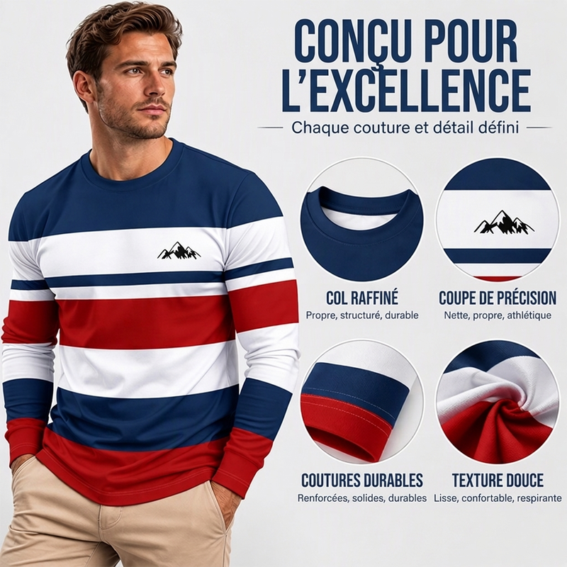 ✨ Haut pour homme à manches longues, col rond et rayures : facile à porter au quotidien 👕