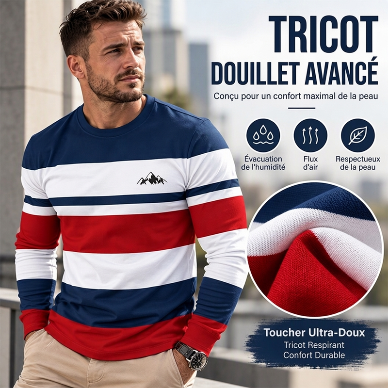 ✨ Haut pour homme à manches longues, col rond et rayures : facile à porter au quotidien 👕