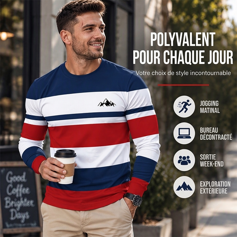 ✨ Haut pour homme à manches longues, col rond et rayures : facile à porter au quotidien 👕