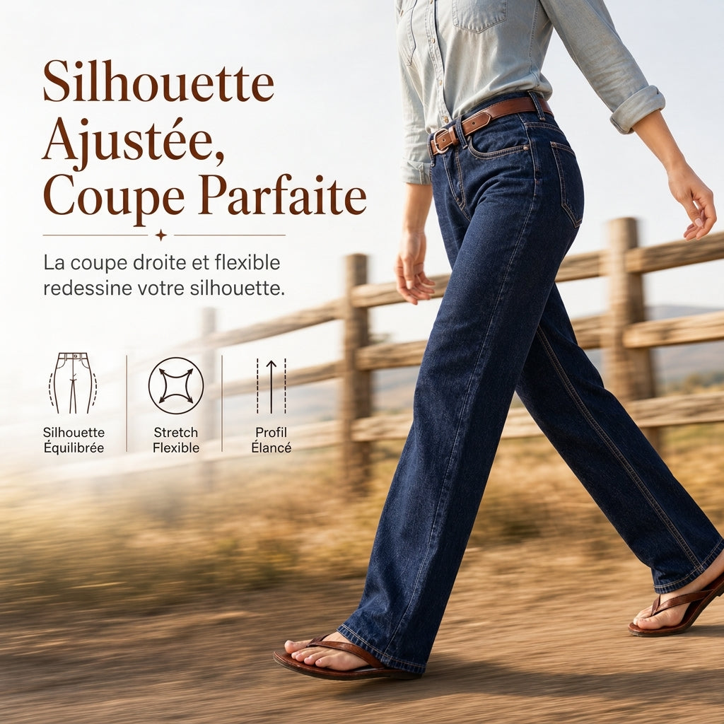 ✨ Ce jeans en denim extensible à coupe droite pour femme mise sur le confort sans effort 👖