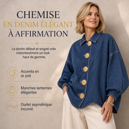 ✨ Manteau-chemise jean oversize délavé — boutons dorés, manches ballon 🧥