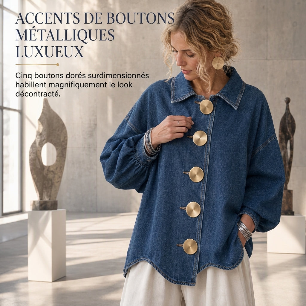✨ Manteau-chemise jean oversize délavé — boutons dorés, manches ballon 🧥