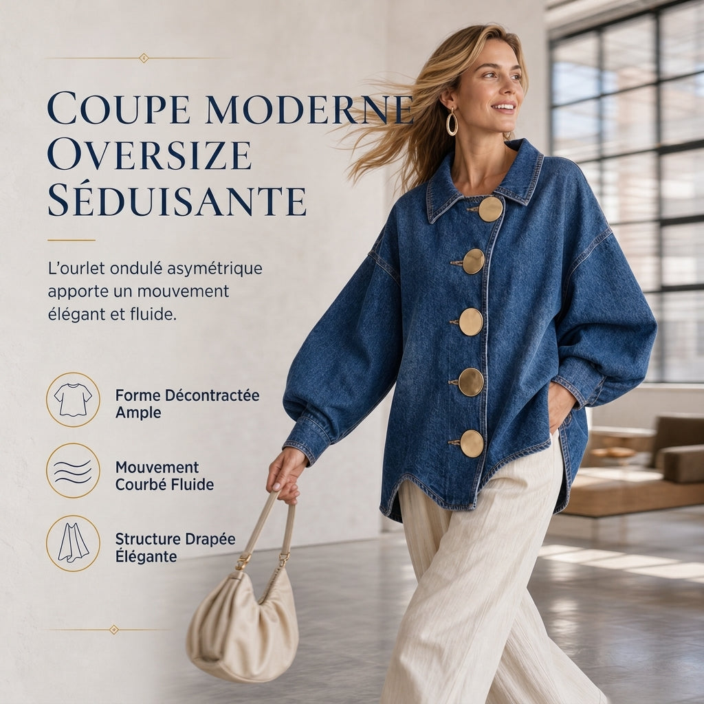 ✨ Manteau-chemise jean oversize délavé — boutons dorés, manches ballon 🧥