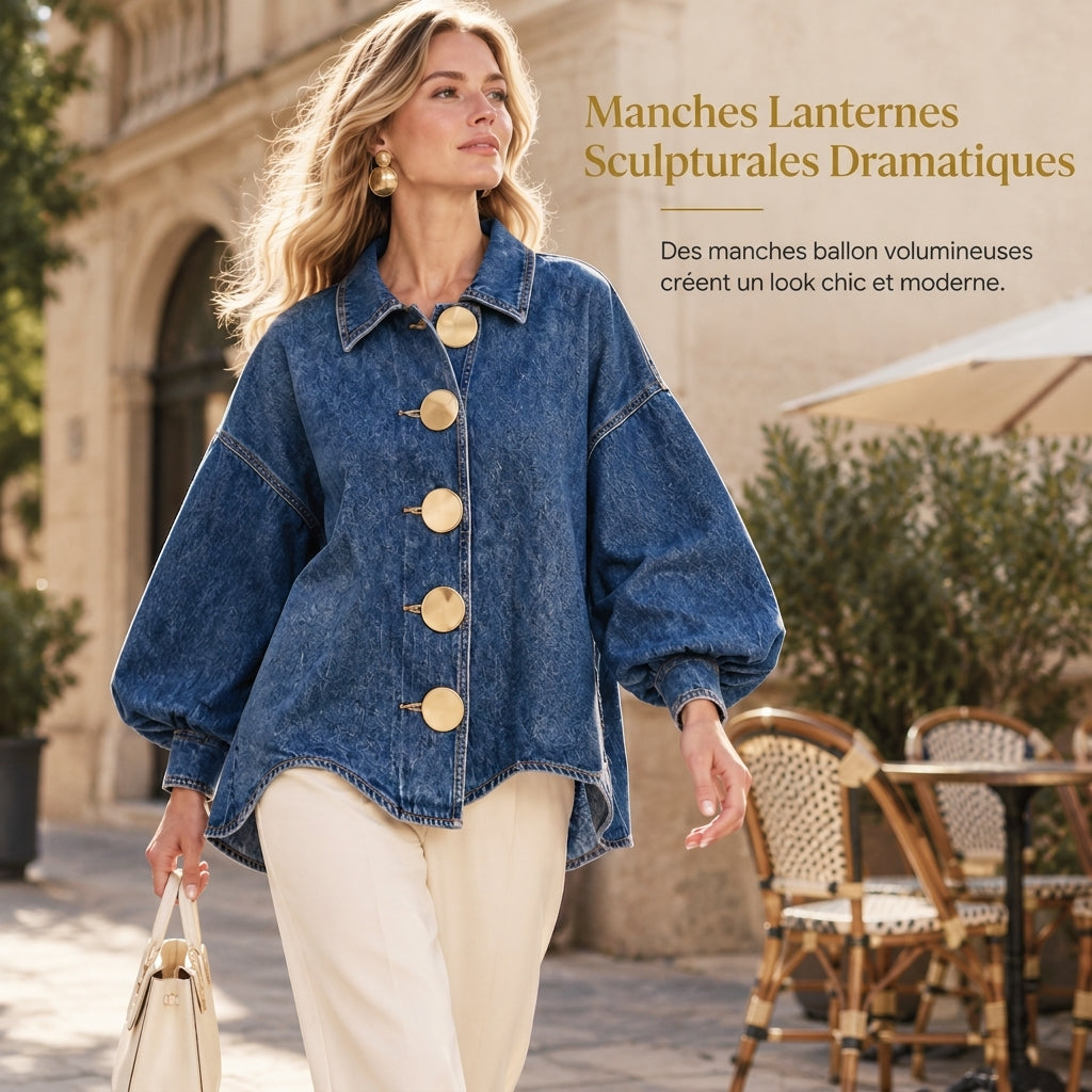 ✨ Manteau-chemise jean oversize délavé — boutons dorés, manches ballon 🧥
