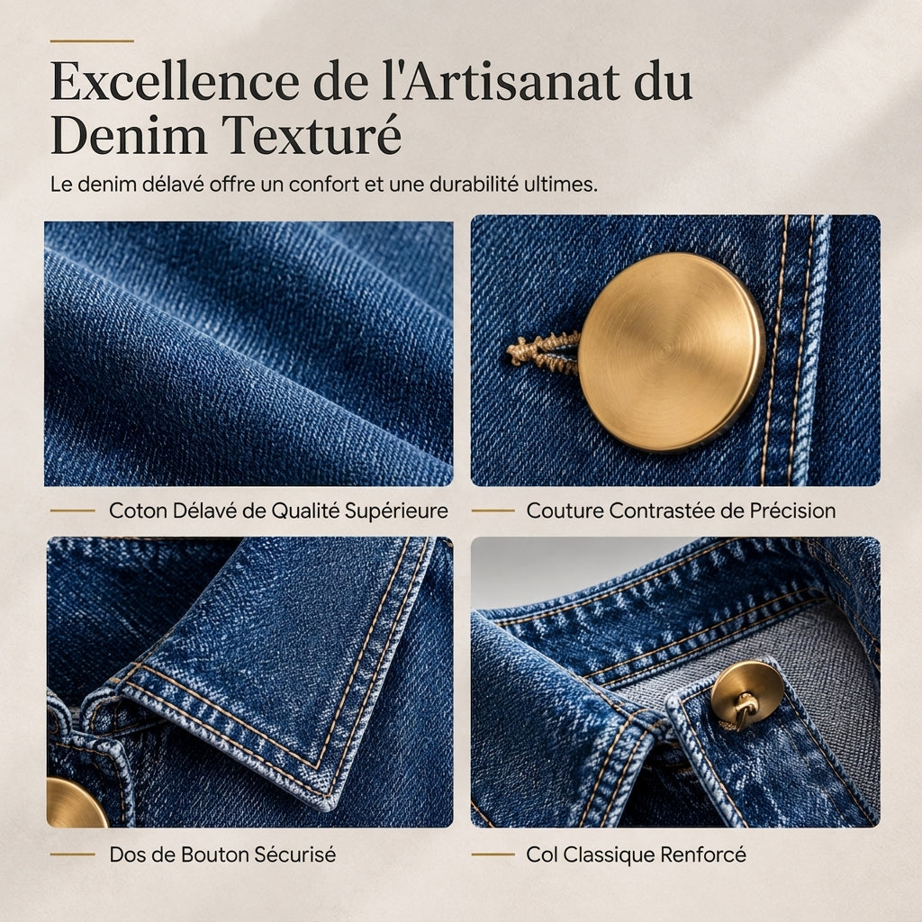 ✨ Manteau-chemise jean oversize délavé — boutons dorés, manches ballon 🧥