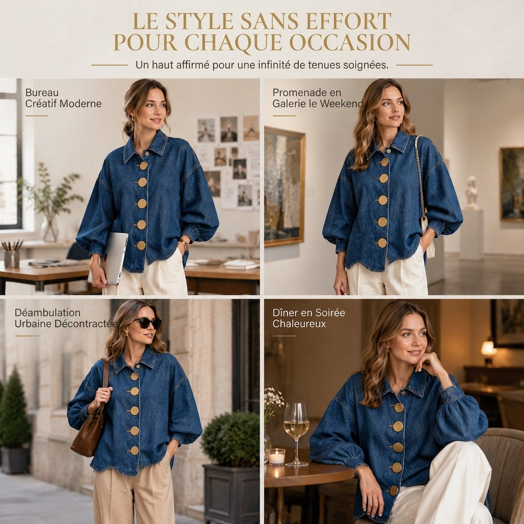 ✨ Manteau-chemise jean oversize délavé — boutons dorés, manches ballon 🧥