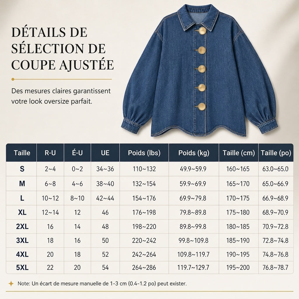 ✨ Manteau-chemise jean oversize délavé — boutons dorés, manches ballon 🧥