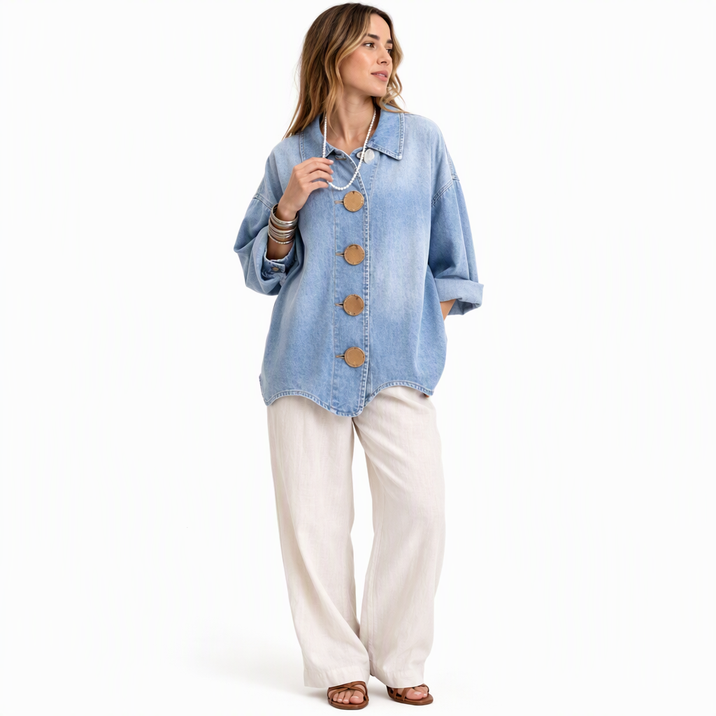 ✨ Manteau-chemise jean oversize délavé — boutons dorés, manches ballon 🧥