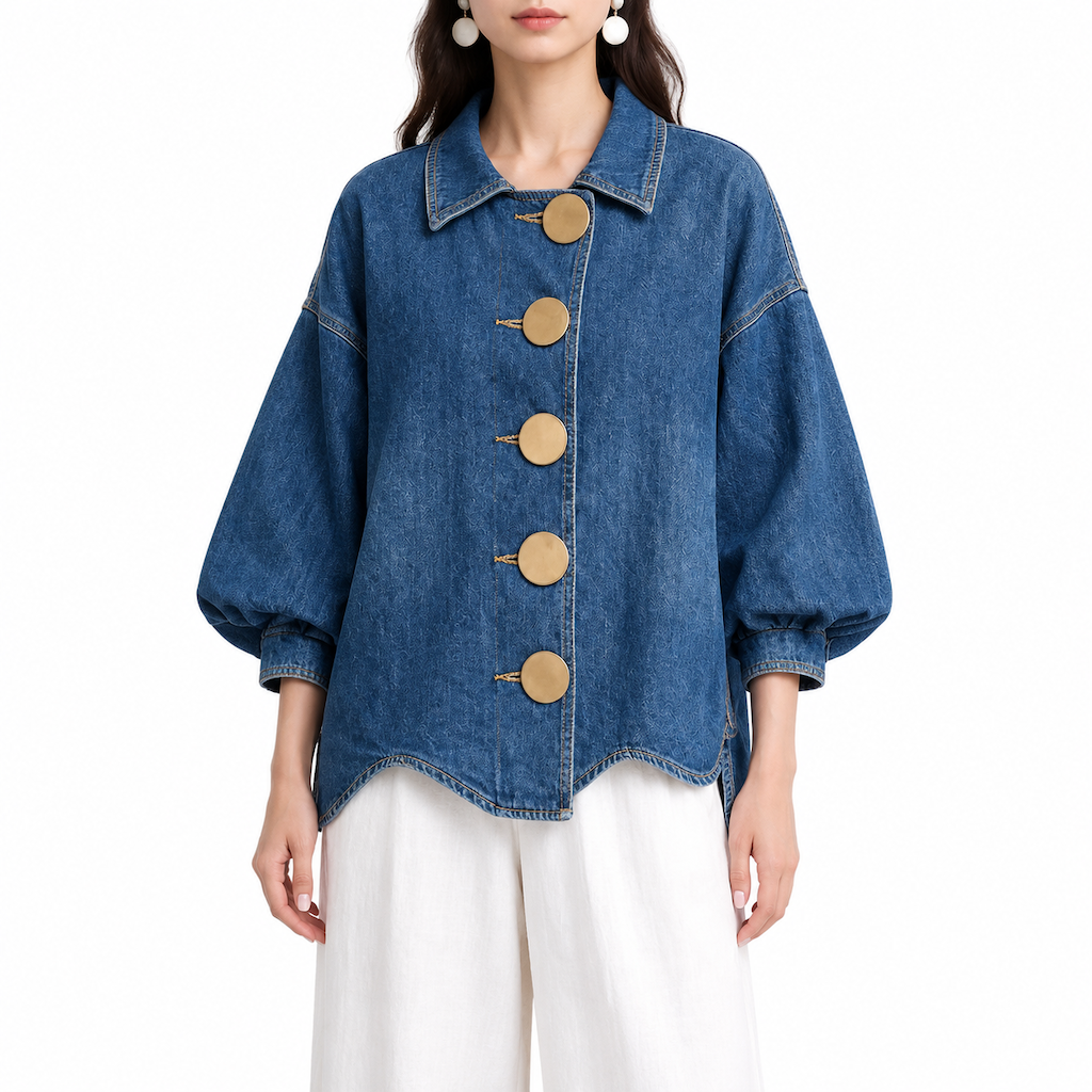 ✨ Manteau-chemise jean oversize délavé — boutons dorés, manches ballon 🧥