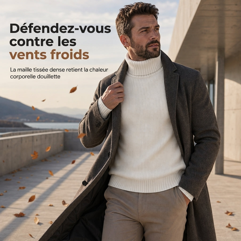 ✨ Envie d’un pull col roulé en maille ajustée pour homme ? Col structuré et coupe ajustée, facile à porter 🧶