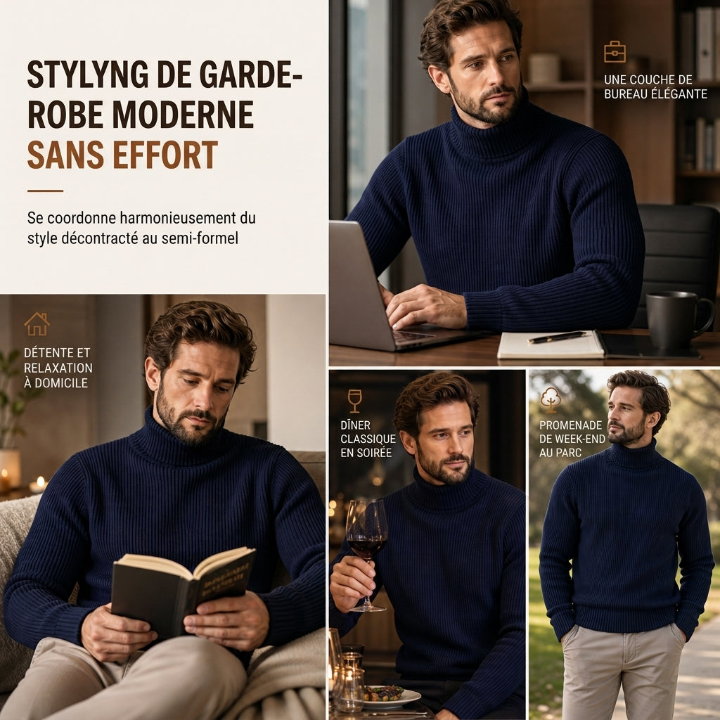 ✨ Envie d’un pull col roulé en maille ajustée pour homme ? Col structuré et coupe ajustée, facile à porter 🧶