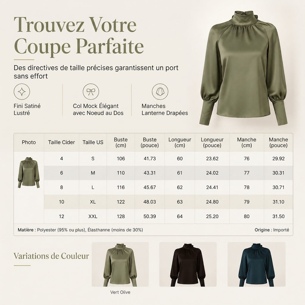 ✨ Blouse en satin à col montant et manches bouffantes, style français : facile à superposer en automne-hiver 🎀