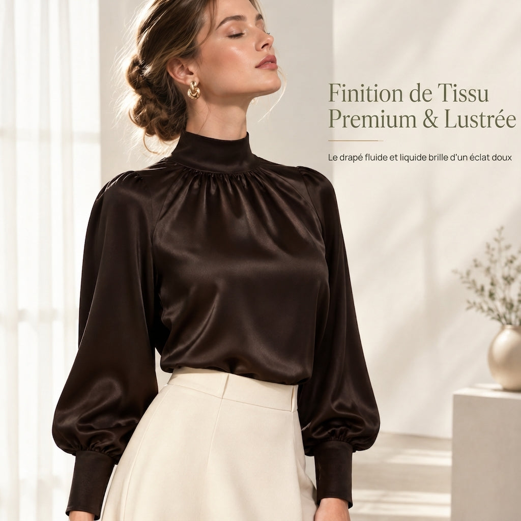 ✨ Blouse en satin à col montant et manches bouffantes, style français : facile à superposer en automne-hiver 🎀