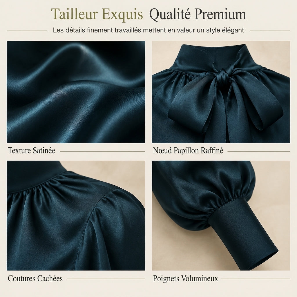 ✨ Blouse en satin à col montant et manches bouffantes, style français : facile à superposer en automne-hiver 🎀