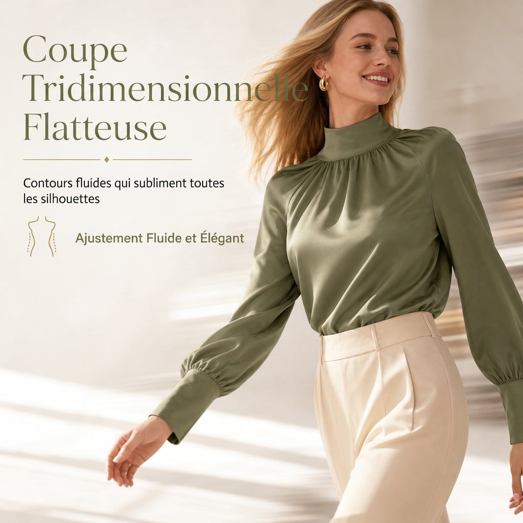 ✨ Blouse en satin à col montant et manches bouffantes, style français : facile à superposer en automne-hiver 🎀