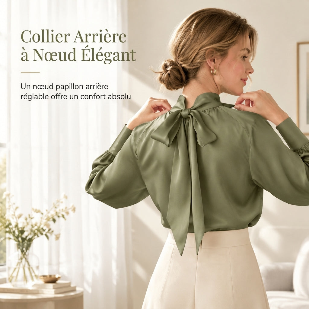 ✨ Blouse en satin à col montant et manches bouffantes, style français : facile à superposer en automne-hiver 🎀